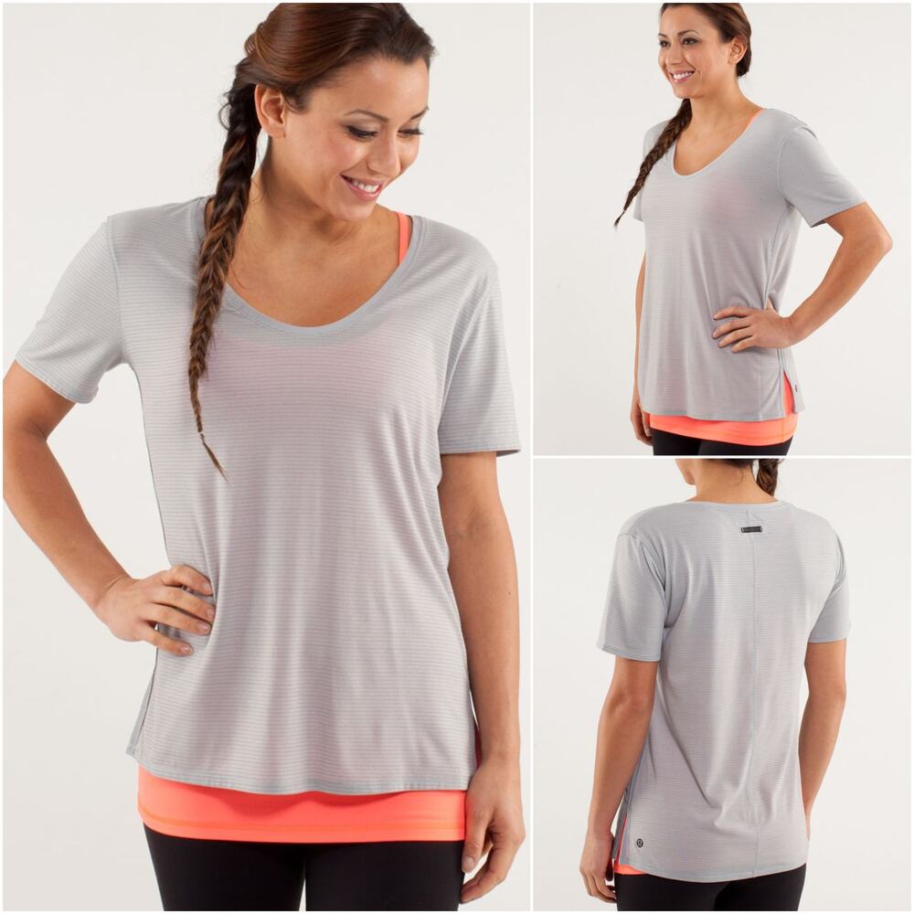 Lululemon Not So Basic Gym Tee Silver Slate Gray Striped Short Sleeve Shirt 6